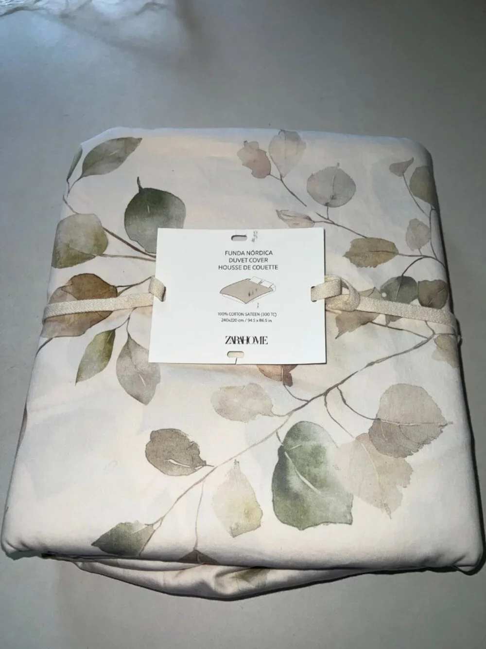 Zara Home King Duvet Cover Leaves Leaf Print Ivory Green 240x220cm Cotton sateen